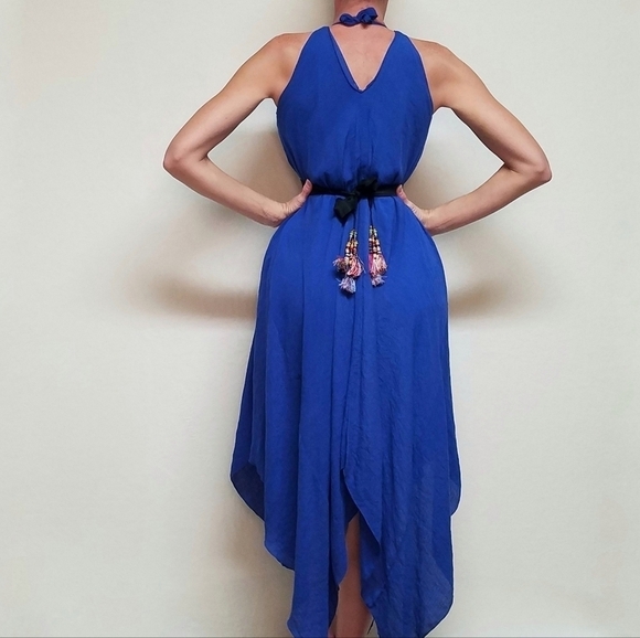 VINTAGE Cobalt Blue Asymmetric Sharkbite Hem V-neck Tie-Waist Gossamer Dress XL - Picture 3 of 16